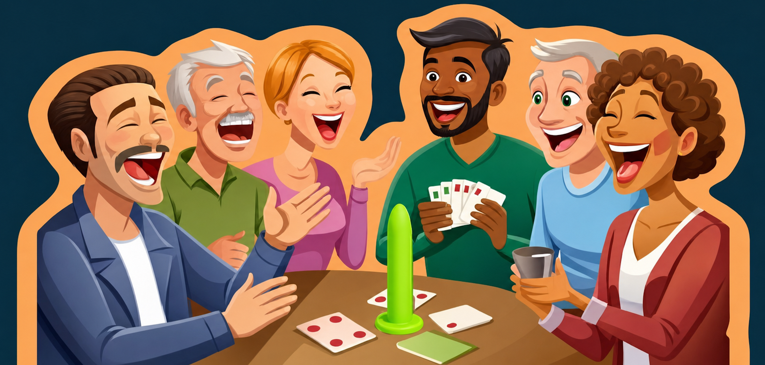 Friends laughing and playing Juummy Colurs around a table